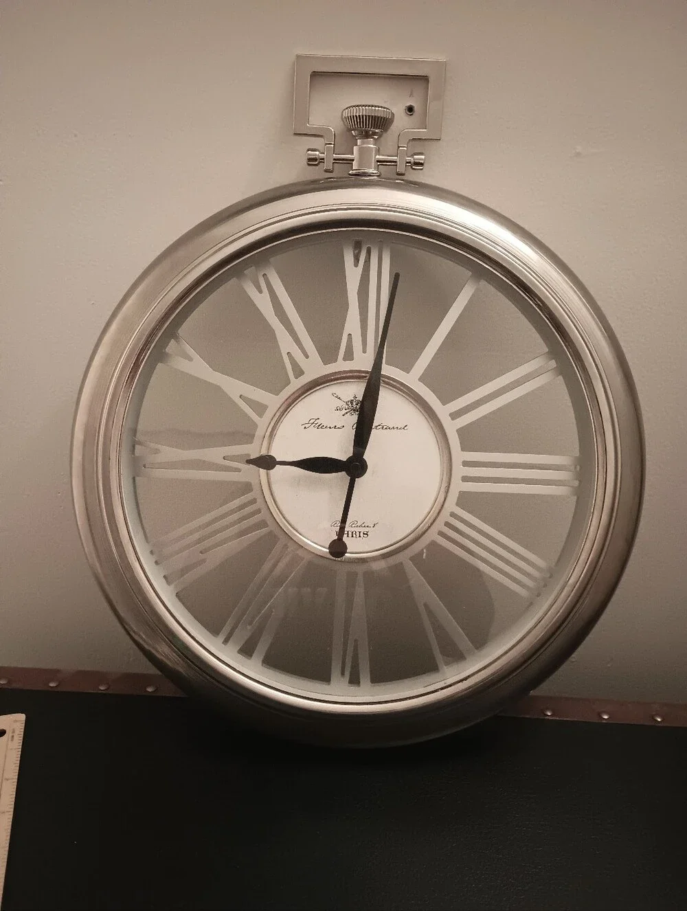 Round Pocket Watch Silver Color Roman Numeral Wall Clock Brush Nickel Finish
